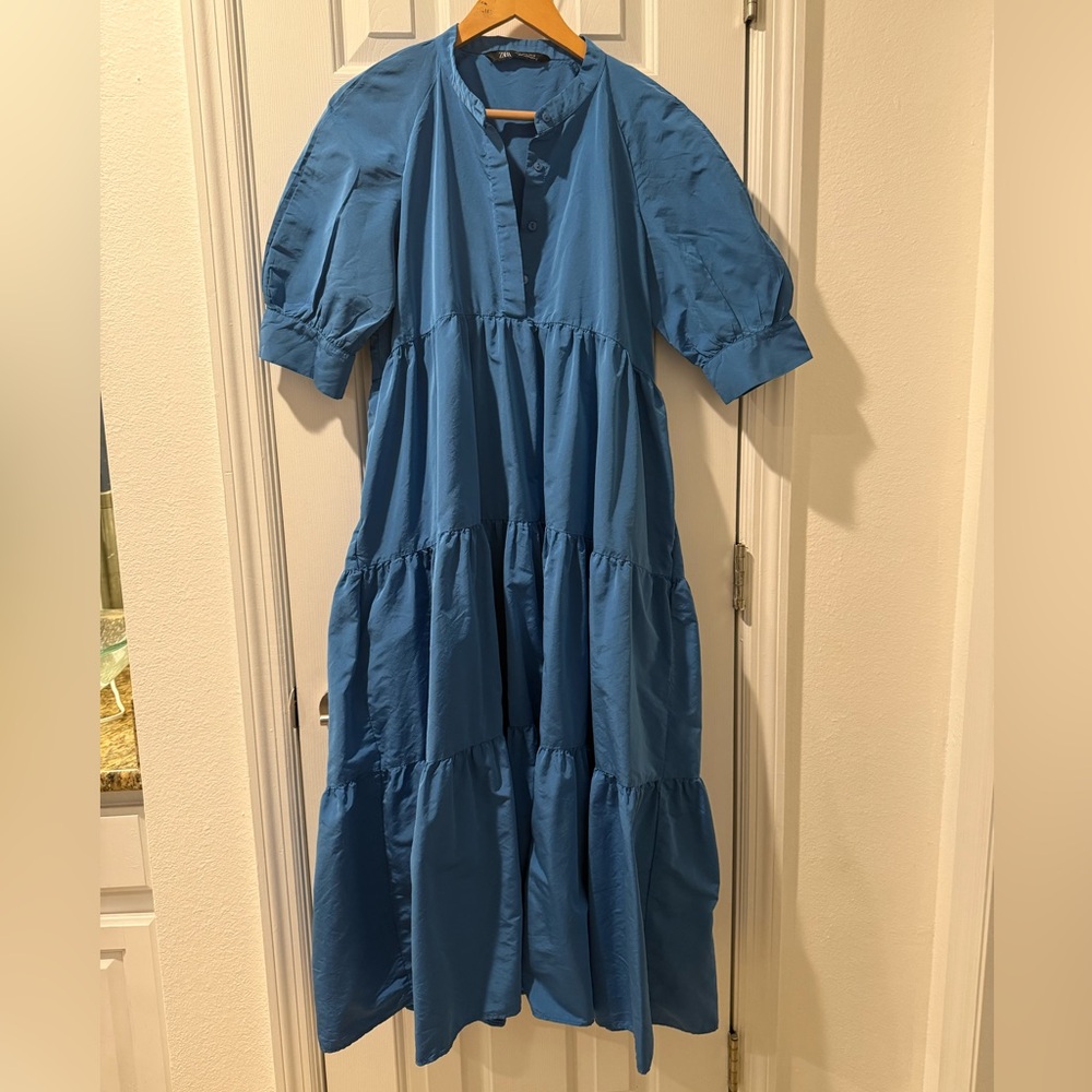 Zara Taffeta Blue Tiered Midi Dress Size Medium